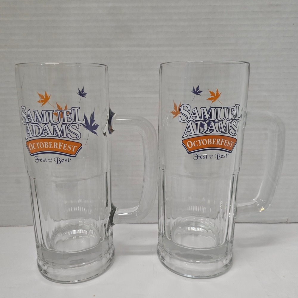 Samuel Adams Octoberfest Beer Mugs Set of 2 Clear Glass Steins Autumn Leaves 7in